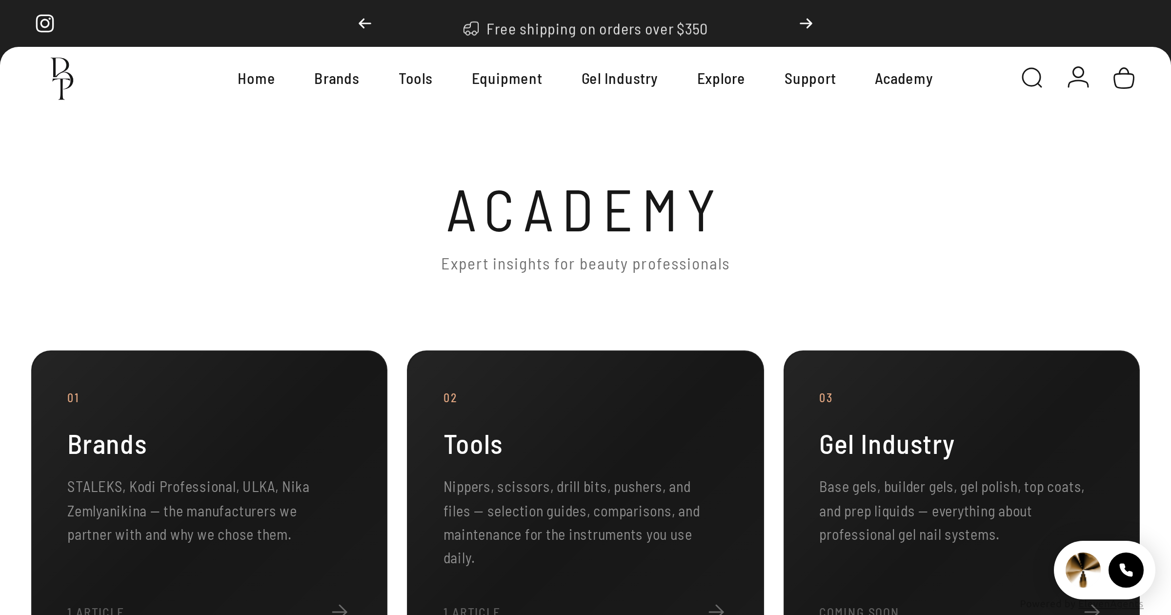 Academy blog hub with five category tiles