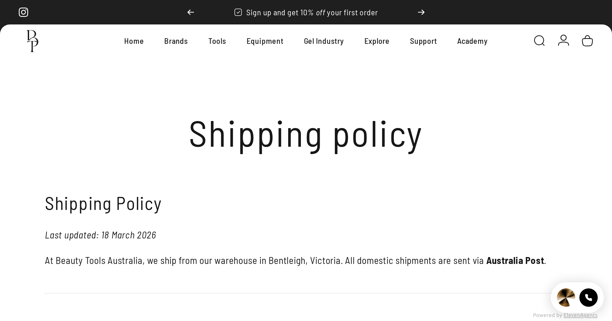 Shipping policy page on beautytools.au