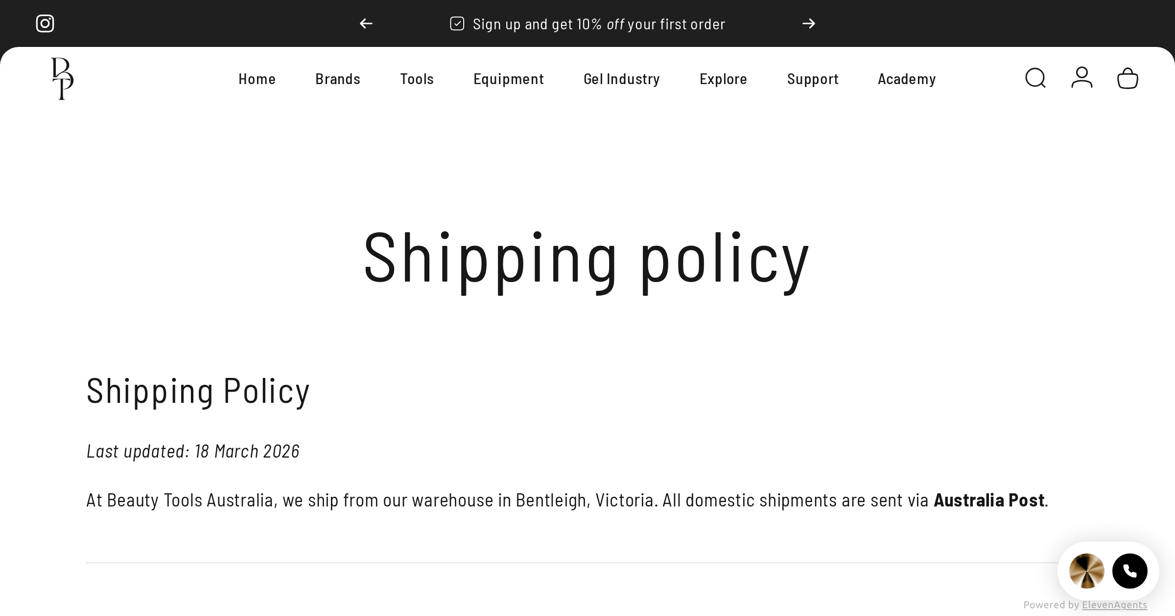 Shipping policy page on beautytools.au