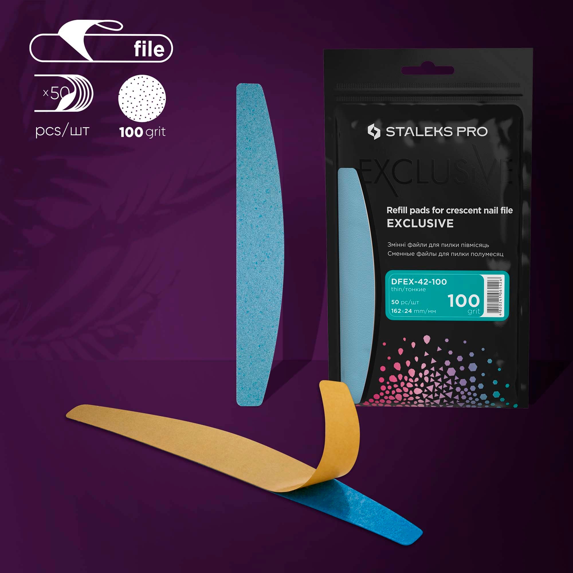STALEKS PRO DFEX-42-100 disposable crescent nail file refill pads EXCLUSIVE, 100 grit, 50 pcs
