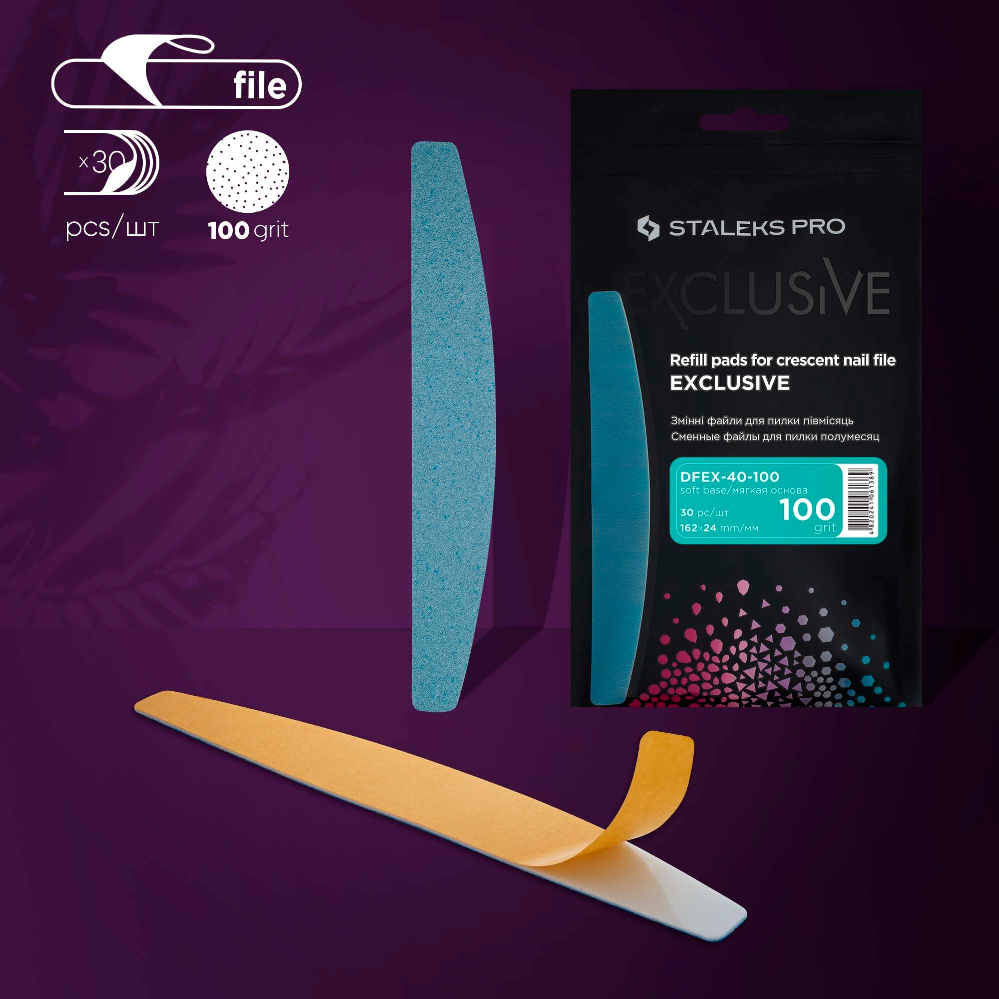 STALEKS PRO EXCLUSIVE DFEX-40-100 disposable crescent nail file refills, soft base, 100 grit, 30 pcs