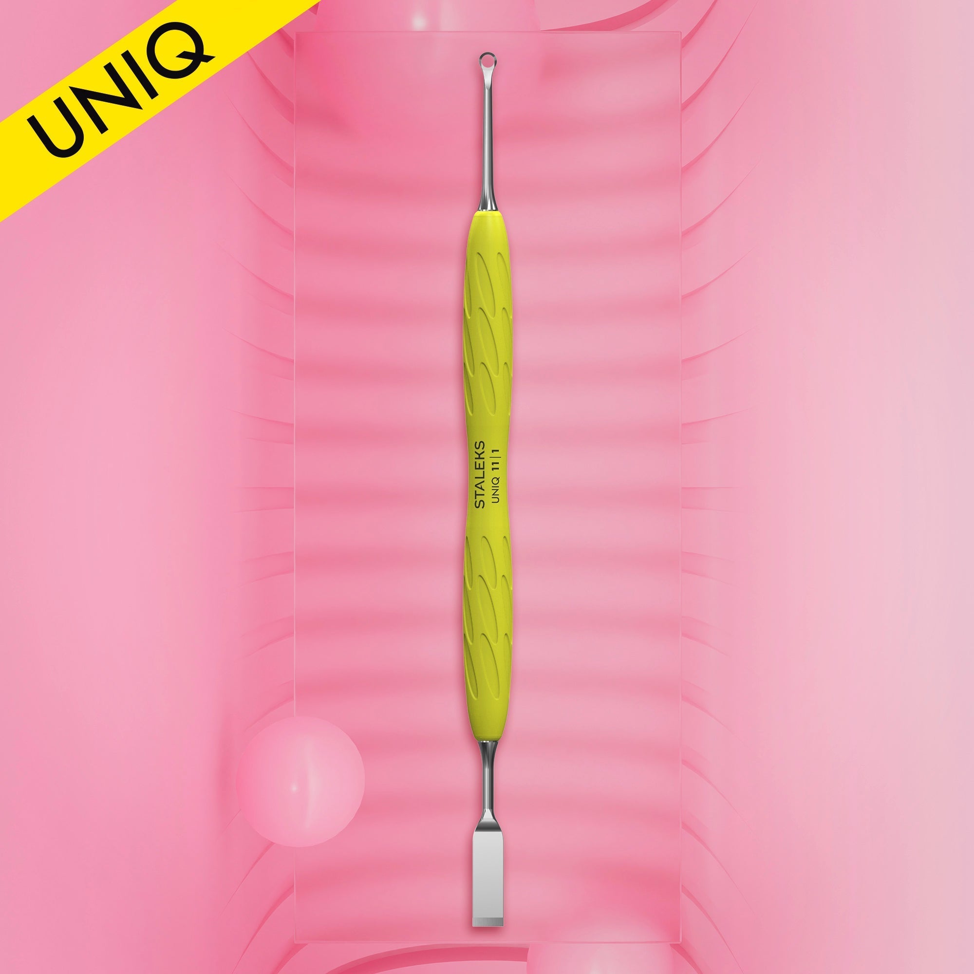 PQ-11/1y Manicure pusher Gummy with yellow silicone handle UNIQ 11 TYPE 1 #colour_yellow