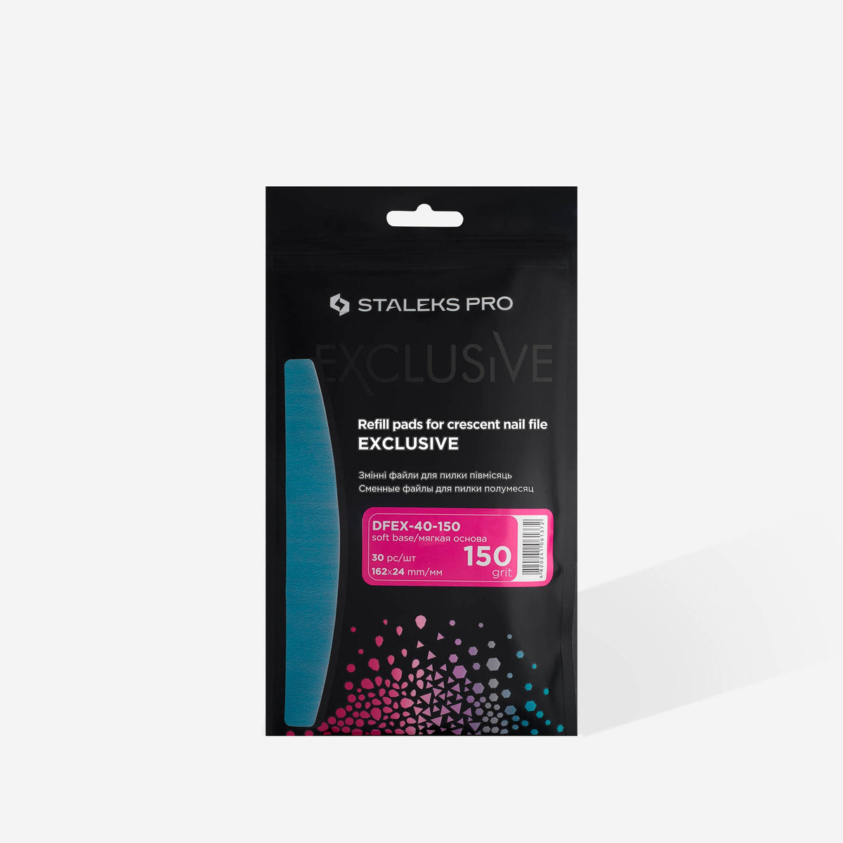 STALEKS EXCLUSIVE DFEX-40-150 crescent foam-backed adhesive files, 150 grit, 30 pieces — packaging showing grit and pack quantity