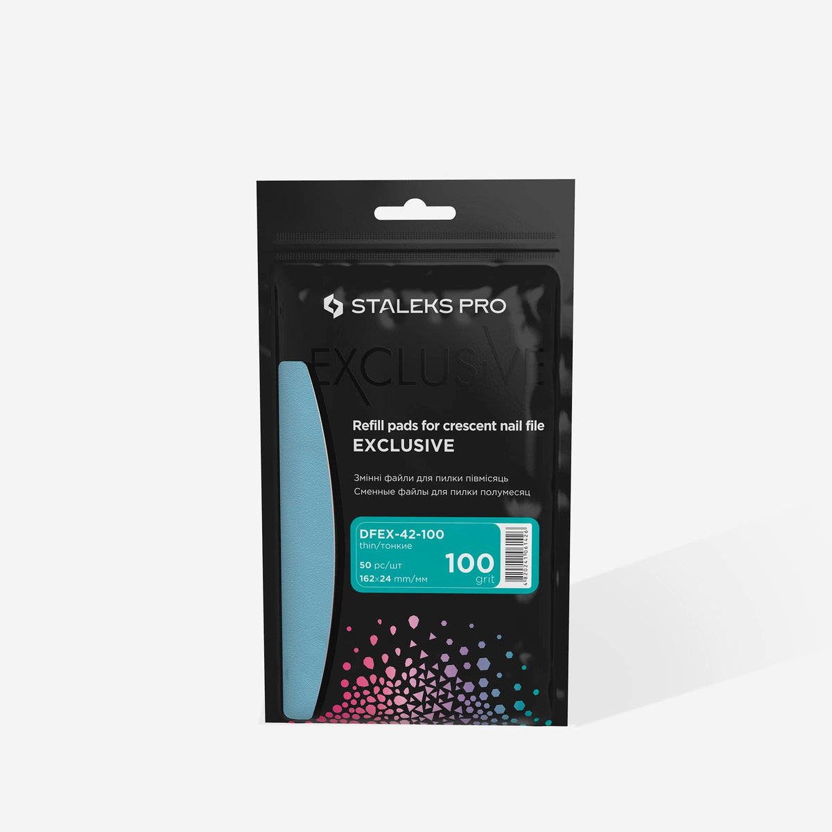 STALEKS EXCLUSIVE DFEX-42-100 crescent adhesive files, 100 grit, 50 pieces — packaging showing grit and pack quantity