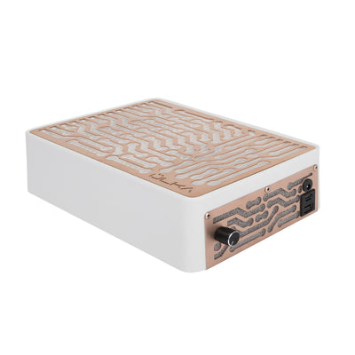 ULKA Nano white with rose gold grille — angled studio view