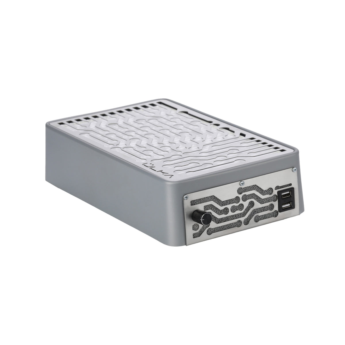 ULKA Nano grey with silver grille — angled studio view